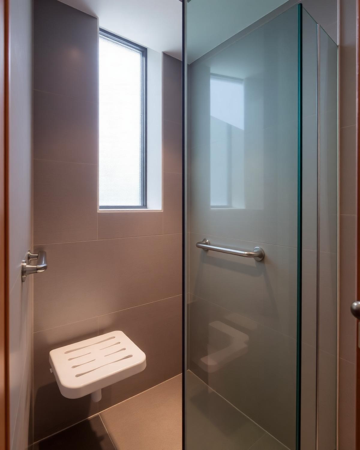 Accessible wet room with fold-down shower seat and grab rails