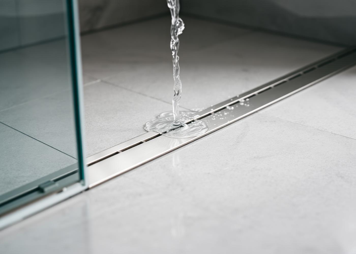 Brushed stainless linear drain set flush into large-format grey floor tiles
