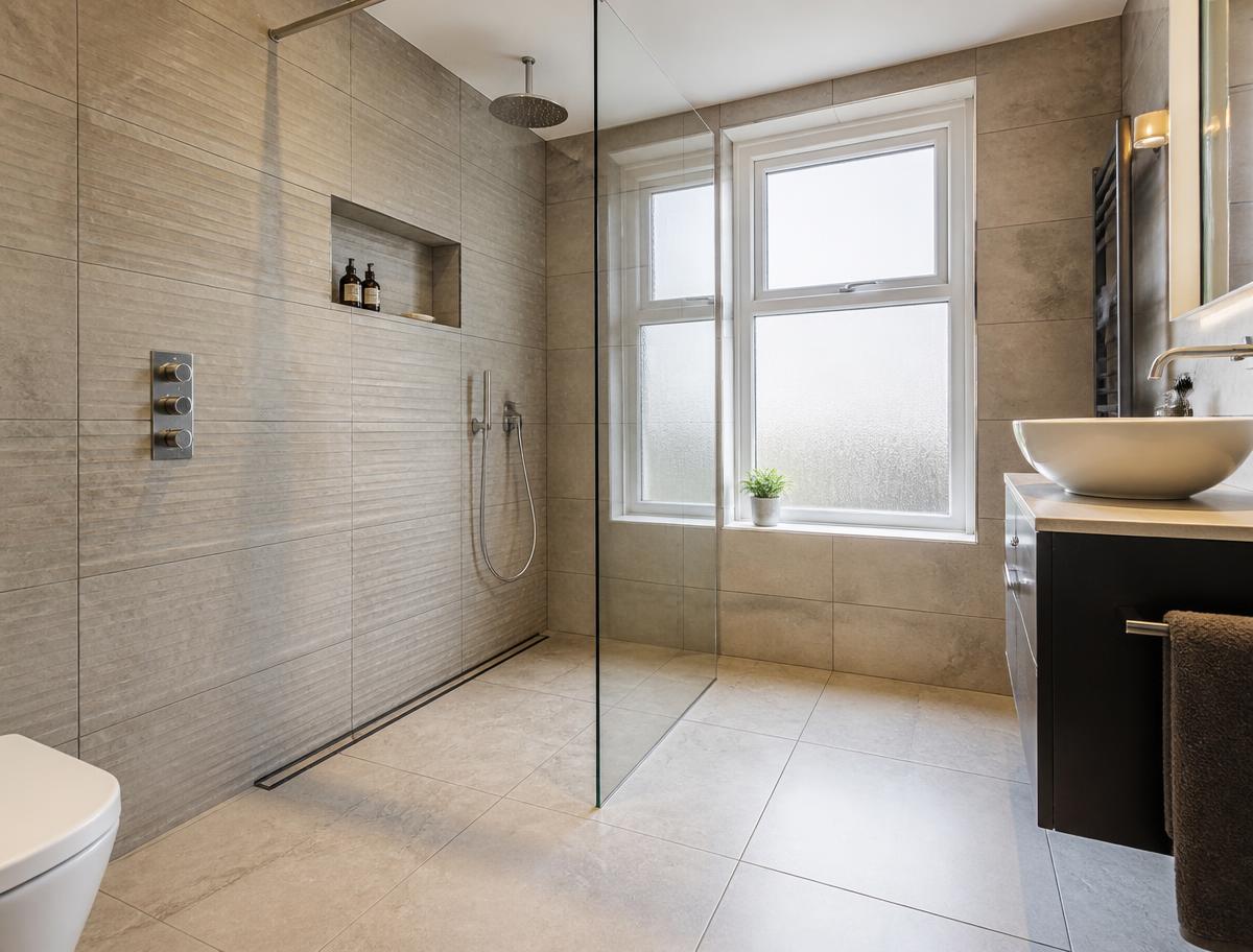 Level-access wet room with linear drain and glass screen in a Glasgow home