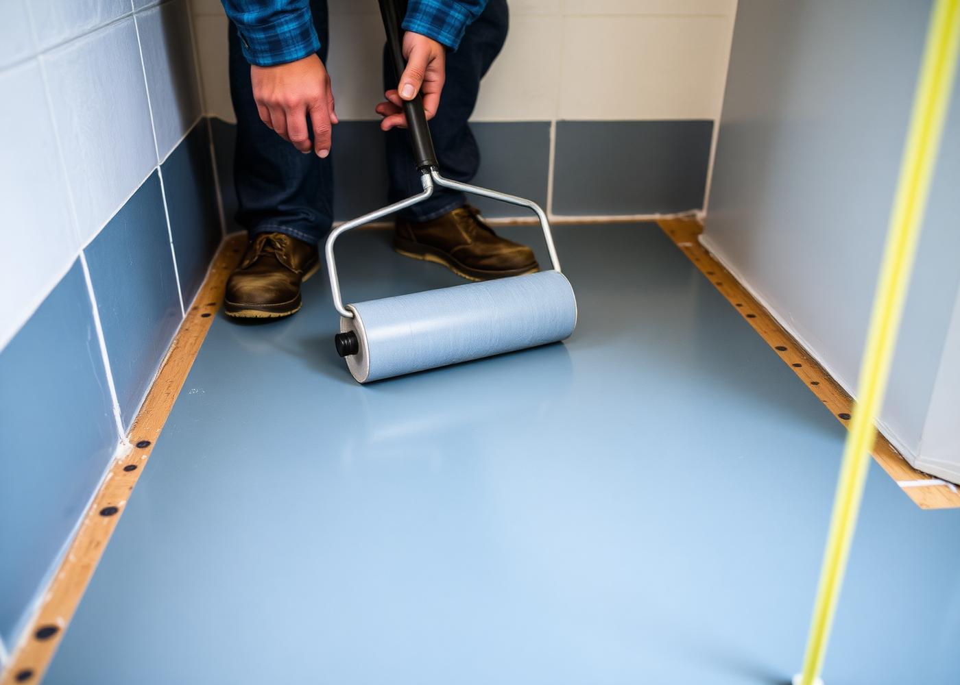 Tradesman rolling liquid tanking membrane onto a bathroom floor before tiling